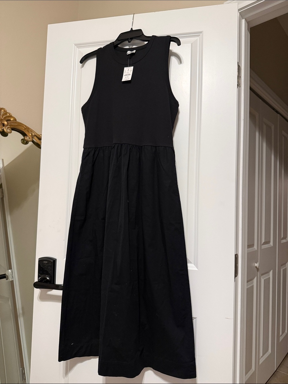 J. Crew Black Sleeveless Gathered Waist Midi Dress